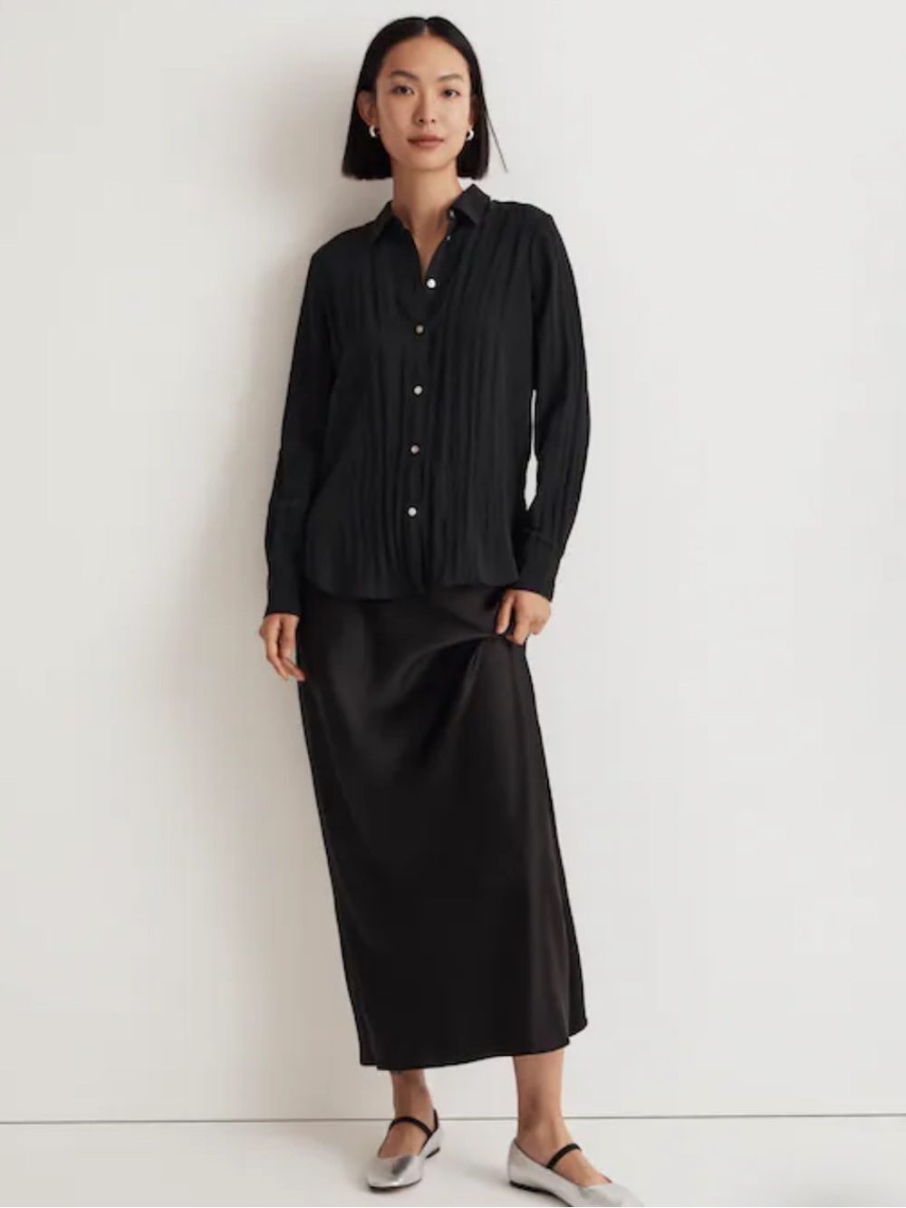 Madewell crinkled button up shirt blouse black size SM relaxed